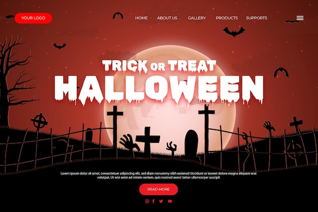 Happy Halloween Website Design. Flat Halloween Landing Page Template with silhouettes of pumpkins, b