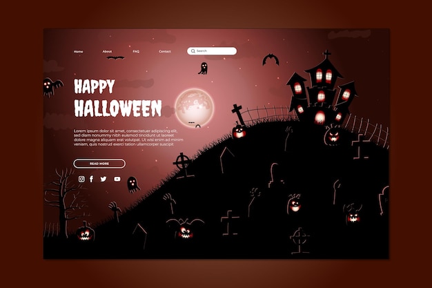 Happy Halloween Website Design. Flat Halloween Landing Page Template with silhouettes of pumpkins, b