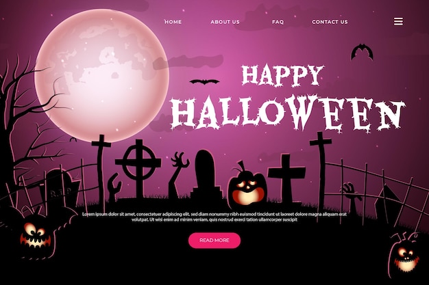 Happy Halloween Website Design. Flat Halloween Landing Page Template with silhouettes of pumpkins, b