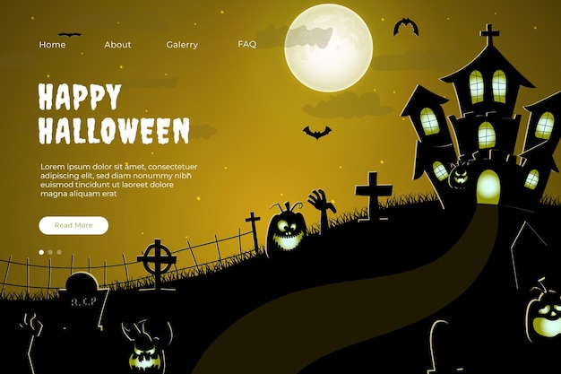 Happy Halloween Website Design. Flat Halloween Landing Page Template with silhouettes of pumpkins, b