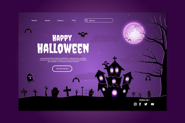 Happy Halloween Website Design. Flat Halloween Landing Page Template with silhouettes of pumpkins, b