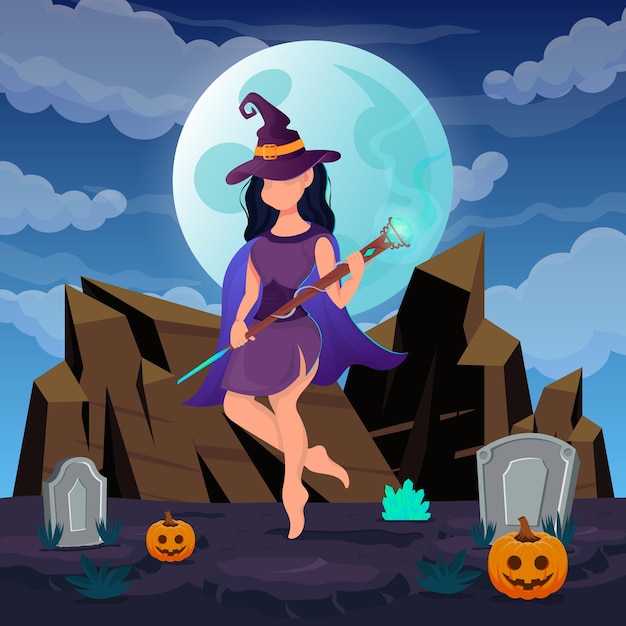 Happy Halloween. Witch Woman Wears Fancy Dress and Diamond Wand to do Trick or Treat in Moonlight. Vector Illustration