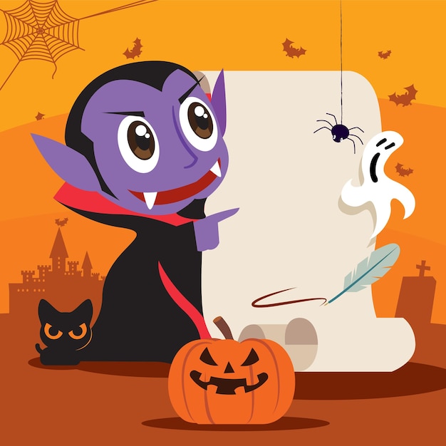 Happy Halloween with cartoon cute vampire pointing to empty paper scroll