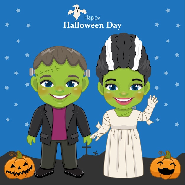 Vector happy halloween with frankenstein and his bride vector