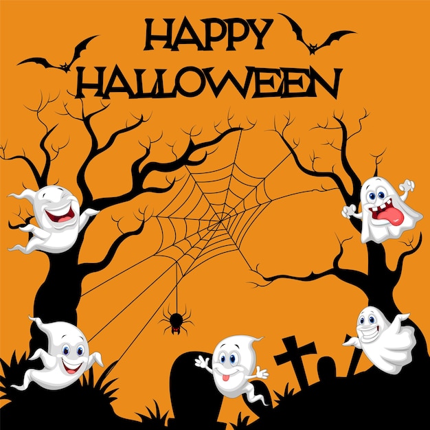 Happy Halloween with funny ghosts spirit flying