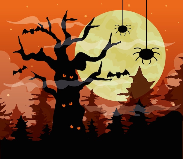 Happy halloween with haunted tree and spiders in dark night