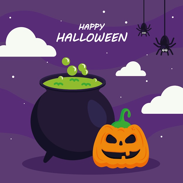 Happy halloween with pumpkin cartoon and witch bowl design, holiday and scary theme.