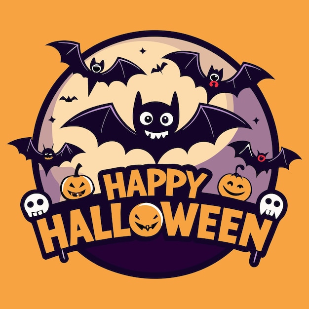 Vector happy halloween word logo with bat illustration