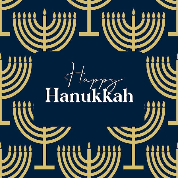 Happy Hanukkah card design with gold symbols on blue color background for Hanukkah Jewish holiday