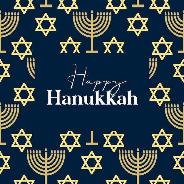 Happy Hanukkah card design with gold symbols on blue color background for Hanukkah Jewish holiday