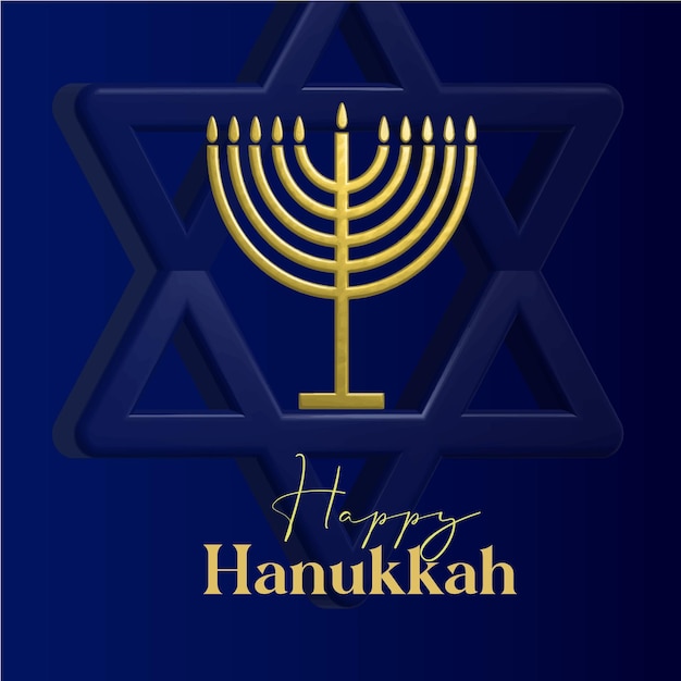 Happy Hanukkah card design with gold symbols on blue color background for Hanukkah Jewish holiday