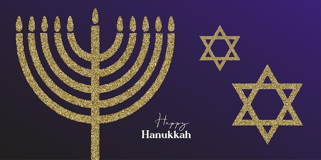 Happy Hanukkah card design with gold symbols on blue color background for Hanukkah Jewish holiday