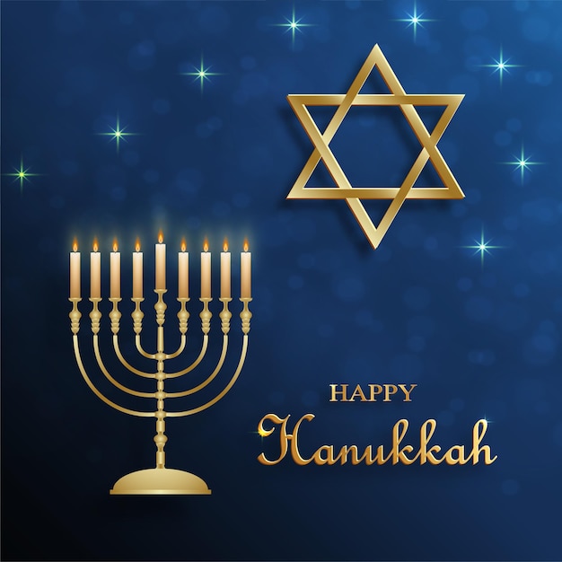 Happy Hanukkah card with nice and creative symbols and gold paper cut style on color background for Hanukkah Jewish holiday (translation : happy Hanukkah day, Hag HaHanukka)