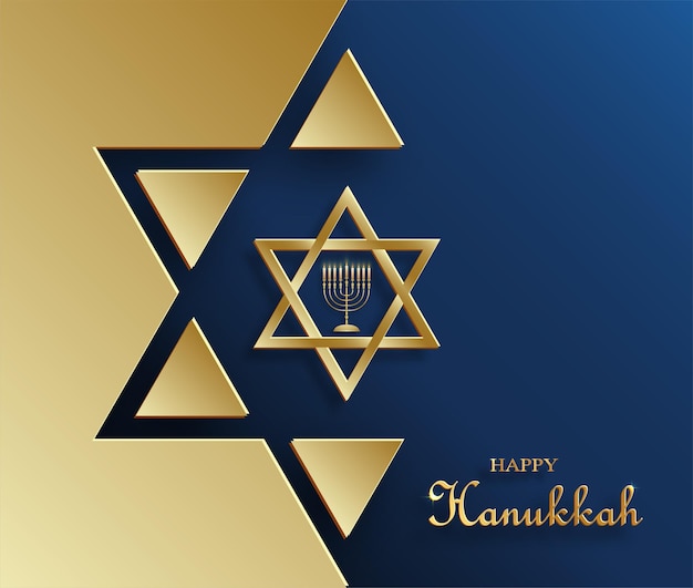 Happy Hanukkah card with nice and creative symbols and gold paper cut style on color background for Hanukkah Jewish holiday (translation : happy Hanukkah day, Hag HaHanukka)