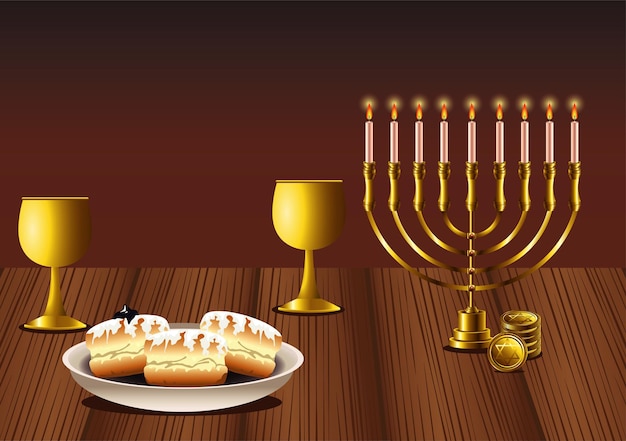 Happy hanukkah celebration with chandelier and doughnuts in wooden table