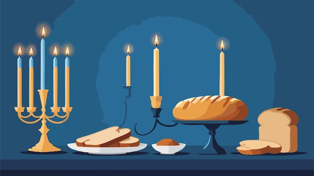 Vector happy hanukkah day to all jewish people with hanukkah candles and bread