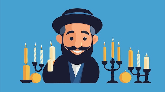 happy hanukkah day with a jewish rabbi and a blue background