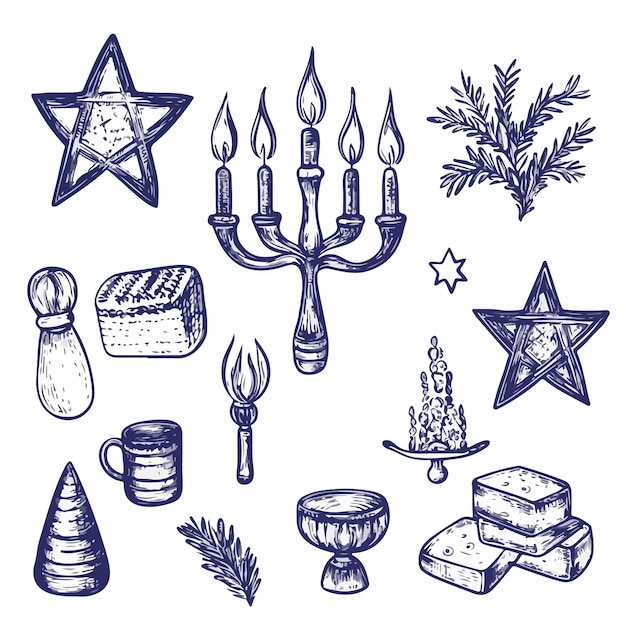 Happy Hanukkah Doodle Set with Menorah and Star of David