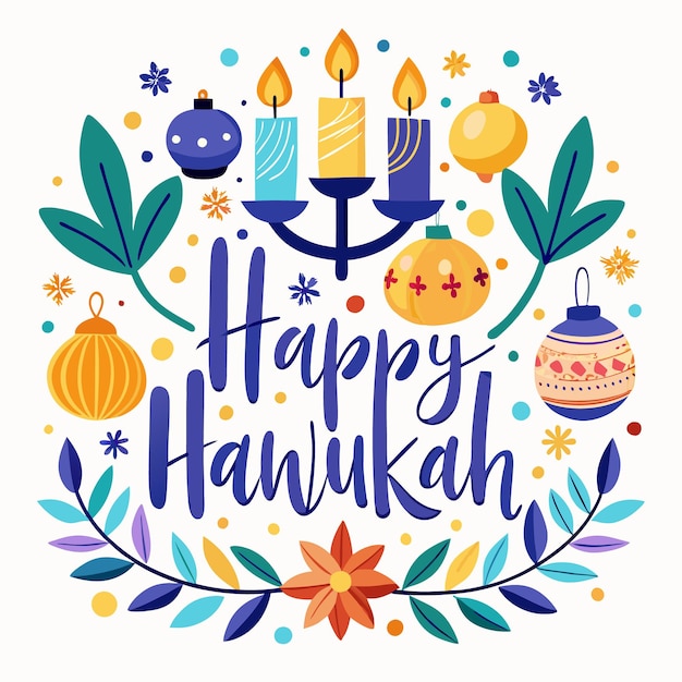 Vector happy hanukkah greeting card with candles ornaments and floral elements