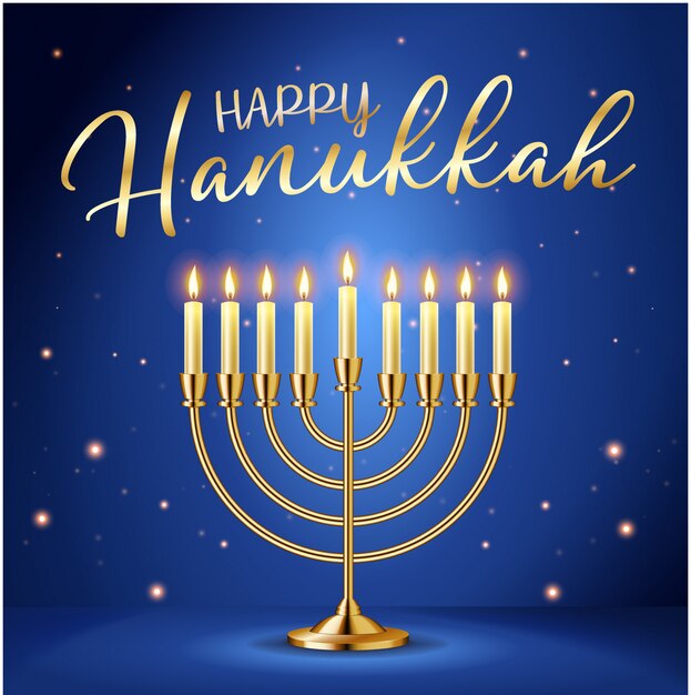 Vector happy hanukkah greeting card with gold inscription and golden realistic menorah