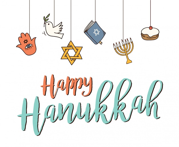 Vector happy hanukkah greeting in doodle style