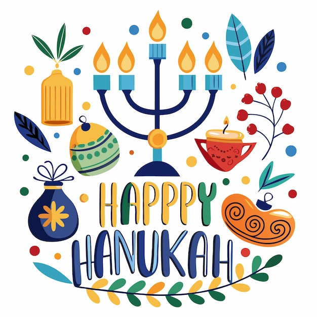 Happy Hanukkah greeting with a menorah candles ornaments and flowers