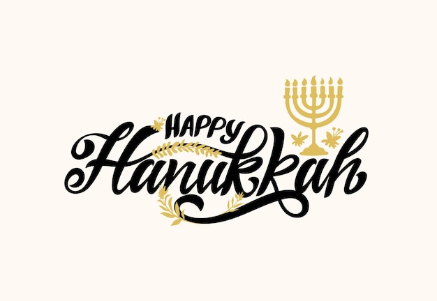 Happy Hanukkah holiday lettering with menorah Hand drawn typography design with modern calligraphy