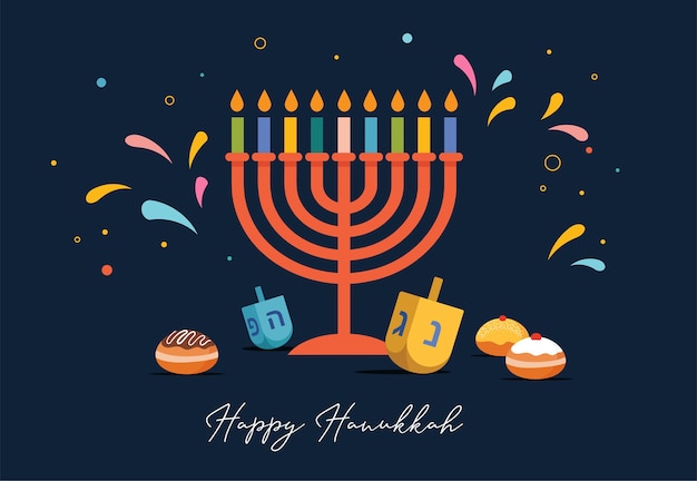 Happy Hanukkah, Jewish Festival of Lights background for greeting card, invitation, banner with Jewish symbols as dreidel toys, doughnuts, menorah candle holder. 