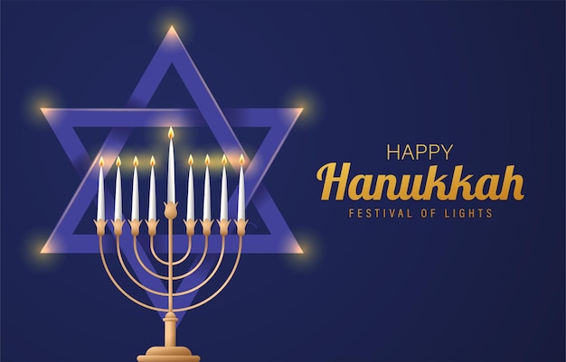 Vector happy hanukkah, jewish festival of lights poster. religious festive symbols vector illustration.