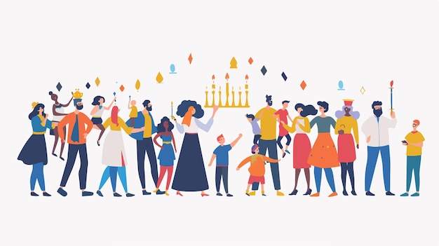 Vector happy hanukkah jewish festival of lights scene with people celebrating