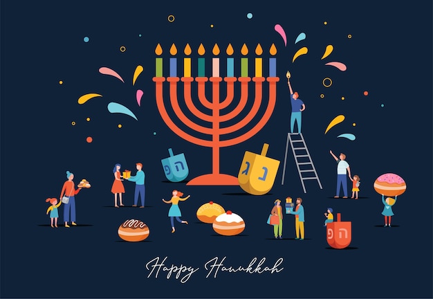 Happy Hanukkah, Jewish Festival of Lights scene with people, happy families with children. 