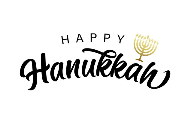 Vector happy hanukkah lettering with golden menorah. jewish festival of lights with gold menorah candles.