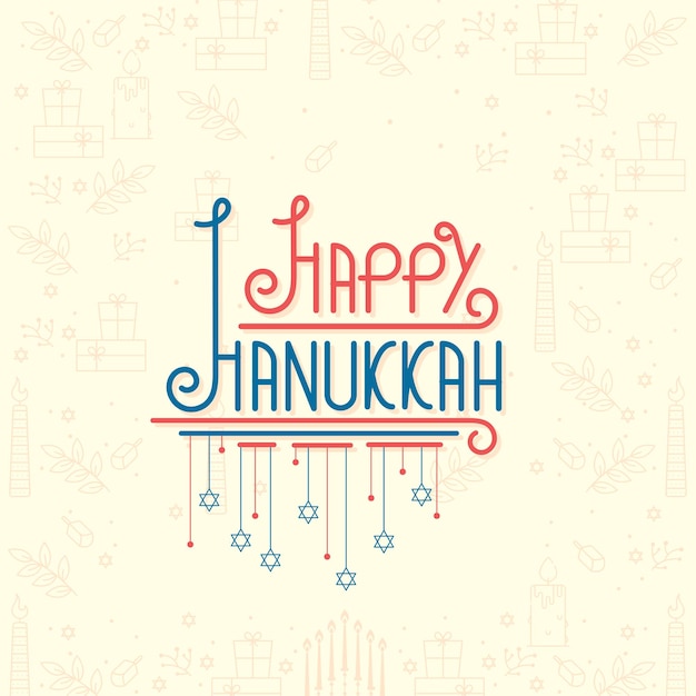 Happy Hanukkah Lettering With Hanging Stars Of David Against Beige Festival Icon Pattern Background