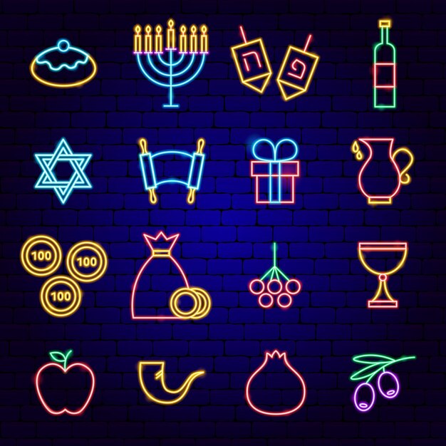 Happy Hanukkah Neon Icons Vector Illustration of Jewish Promotion