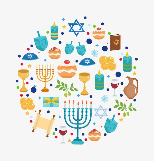 Happy Hanukkah set of icons in a round shape, greeting card. Template for your design. Jewish holidays. Vector illustration