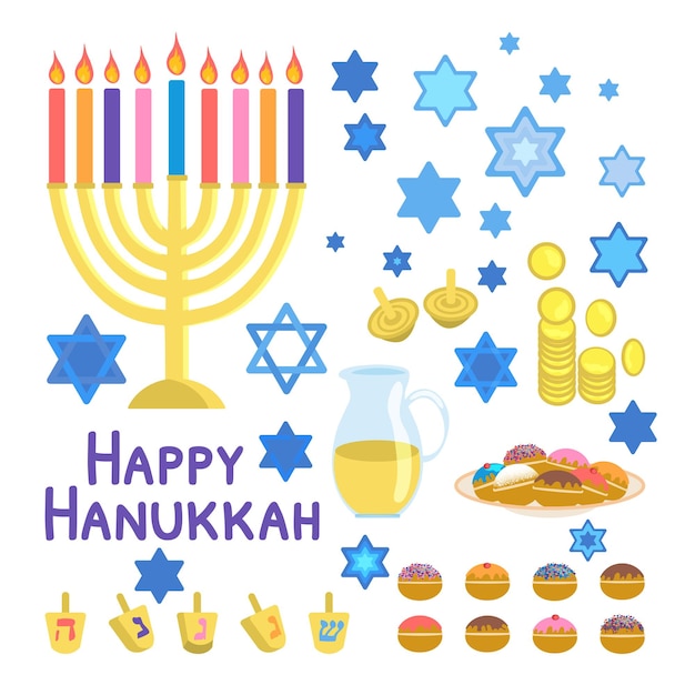 Happy Hanukkah set vector illustration isolated on white background