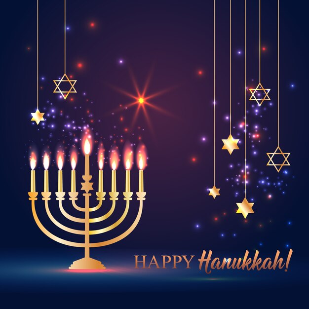 Vector happy hanukkah shining background with menorah, david star and bokeh effect.