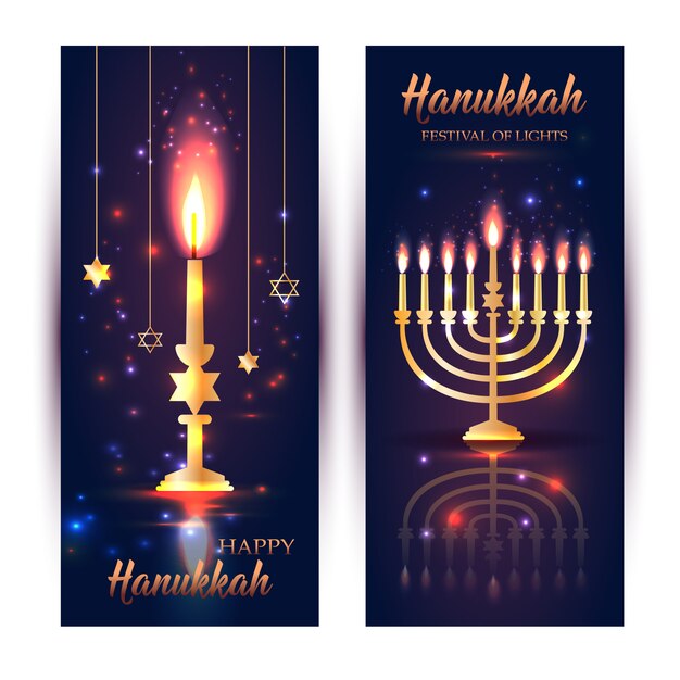 Vector happy hanukkah shining background with menorah, david stars and bokeh effect.