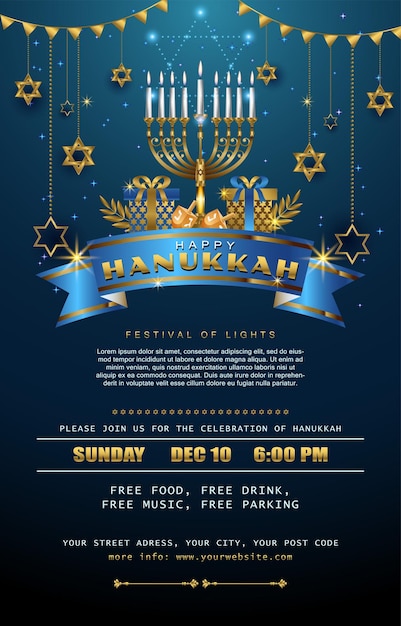 Happy Hanukkah Vertical Poster template with creative symbols of Judaism