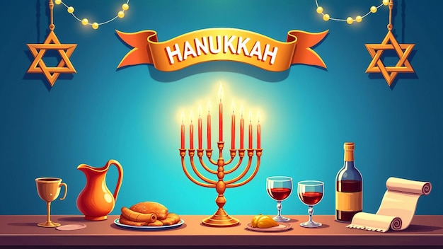 Vector happy hanukkah with menorah dreidel gifts and traditional food