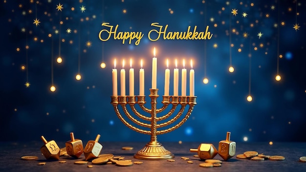 Happy Hanukkah with menorah dreidels and gold coins