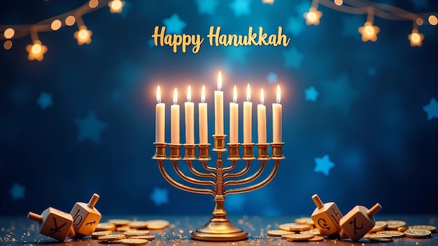 Happy Hanukkah with menorah dreidels and gold coins