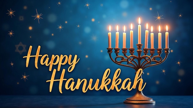 Happy Hanukkah with menorah and shining stars on blue background