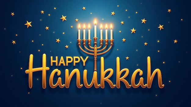 Happy Hanukkah with menorah and shining stars on blue background