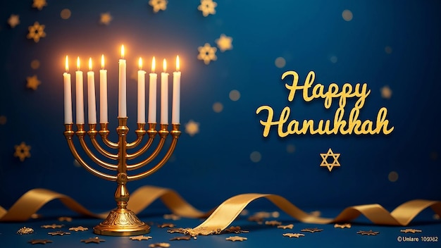 Happy Hanukkah with menorah and Star of David in blue and gold