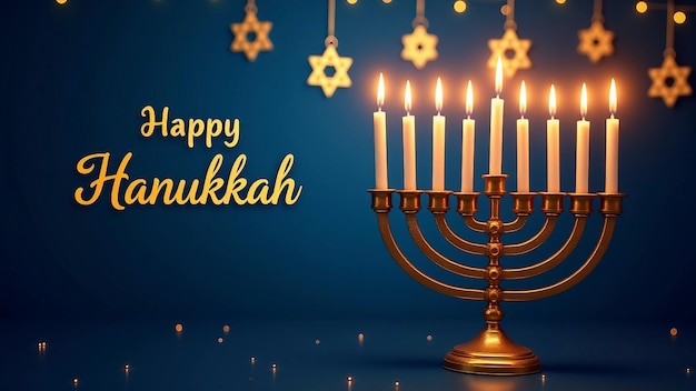 Happy Hanukkah with menorah Stars of David and festive lights