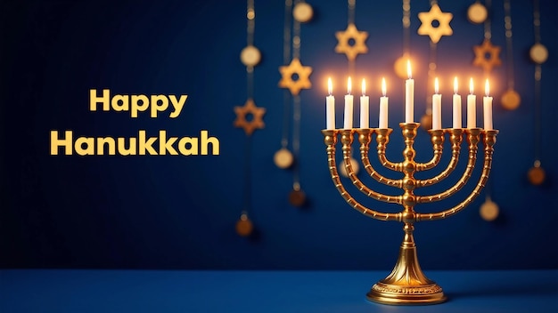 Happy Hanukkah with menorah Stars of David and festive lights