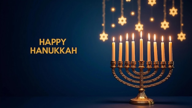 Happy Hanukkah with menorah Stars of David and festive lights