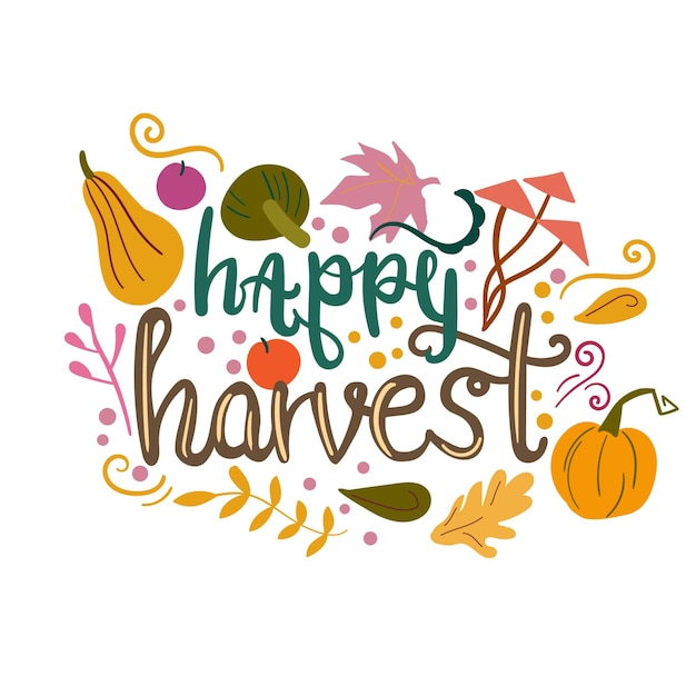 Happy harvest lettering illustration Autumn floral elements pumpkins