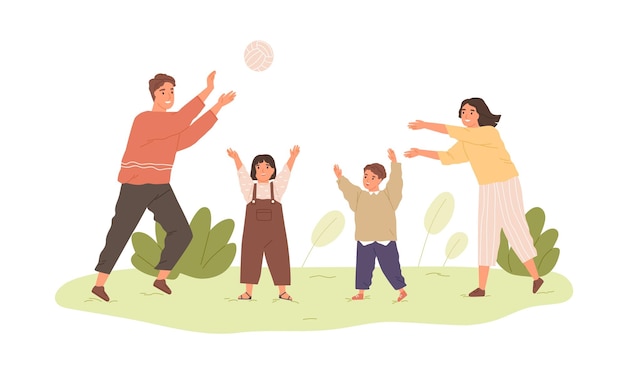 Happy healthy family with kids playing with ball outdoors. Parents and children spending leisure time together in nature. Colored flat vector illustration of active people isolated on white background